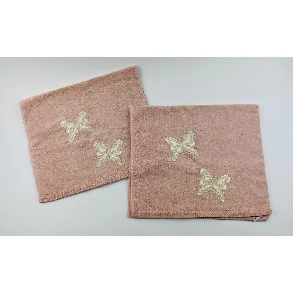 Vintage Avanti Pink Towel Set 4 Butterfly Satin Cream Ivory USA Body Bath Hand